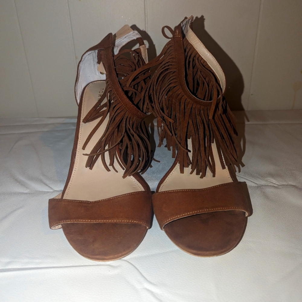 Torrid  brown two strap fringe high heel sandal.